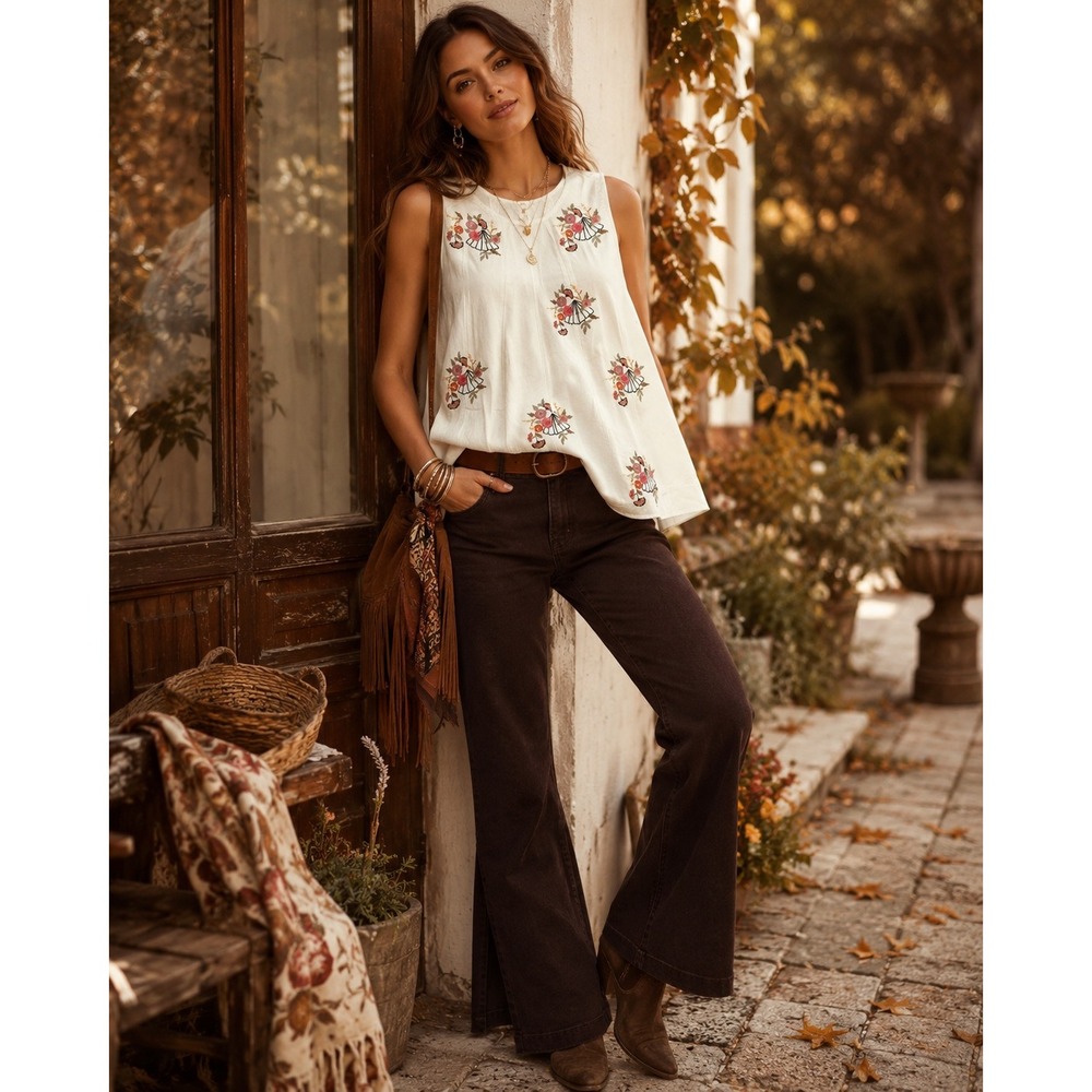 Free People Ivory Floral Embroidered Sleeveless Swing Top OB2335942 Small NWT